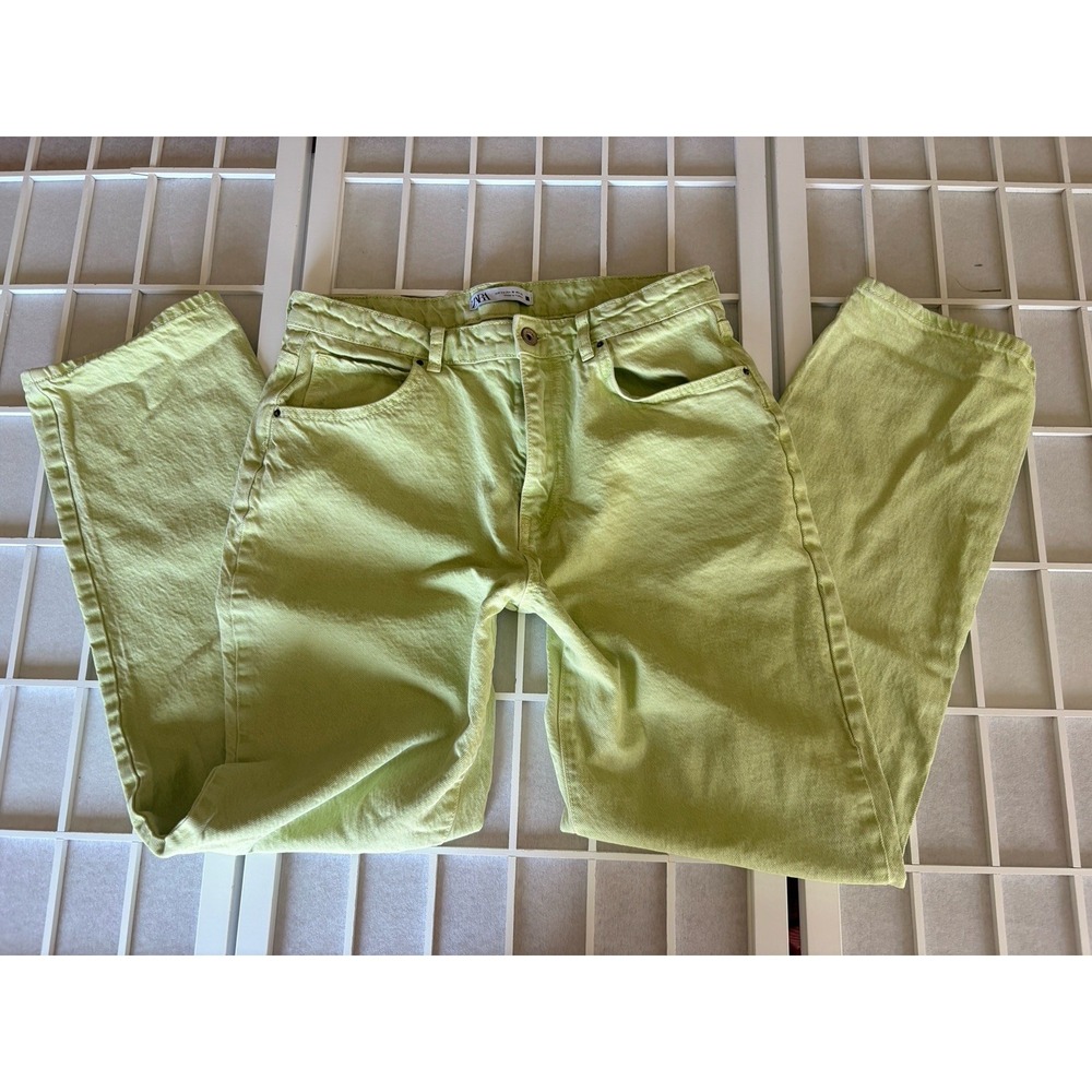 Zara High Rise Straight Leg Jeans Lime Green Baggy Denim Acid Wash Size US 10